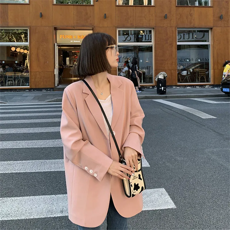

2022 Spring New Korean Women Pink Suit Jacket Loose Single Button Autumn Casual Lapel Long Sleeve Elegant Ladies Blazers Outwear