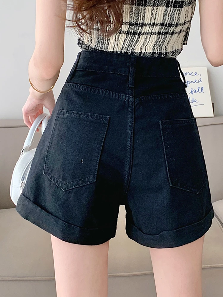 New Summer Women Fashion Big Pockets Wide Leg Denim Shorts Lady Casual Vintage High Waist Straight Jean Shorts