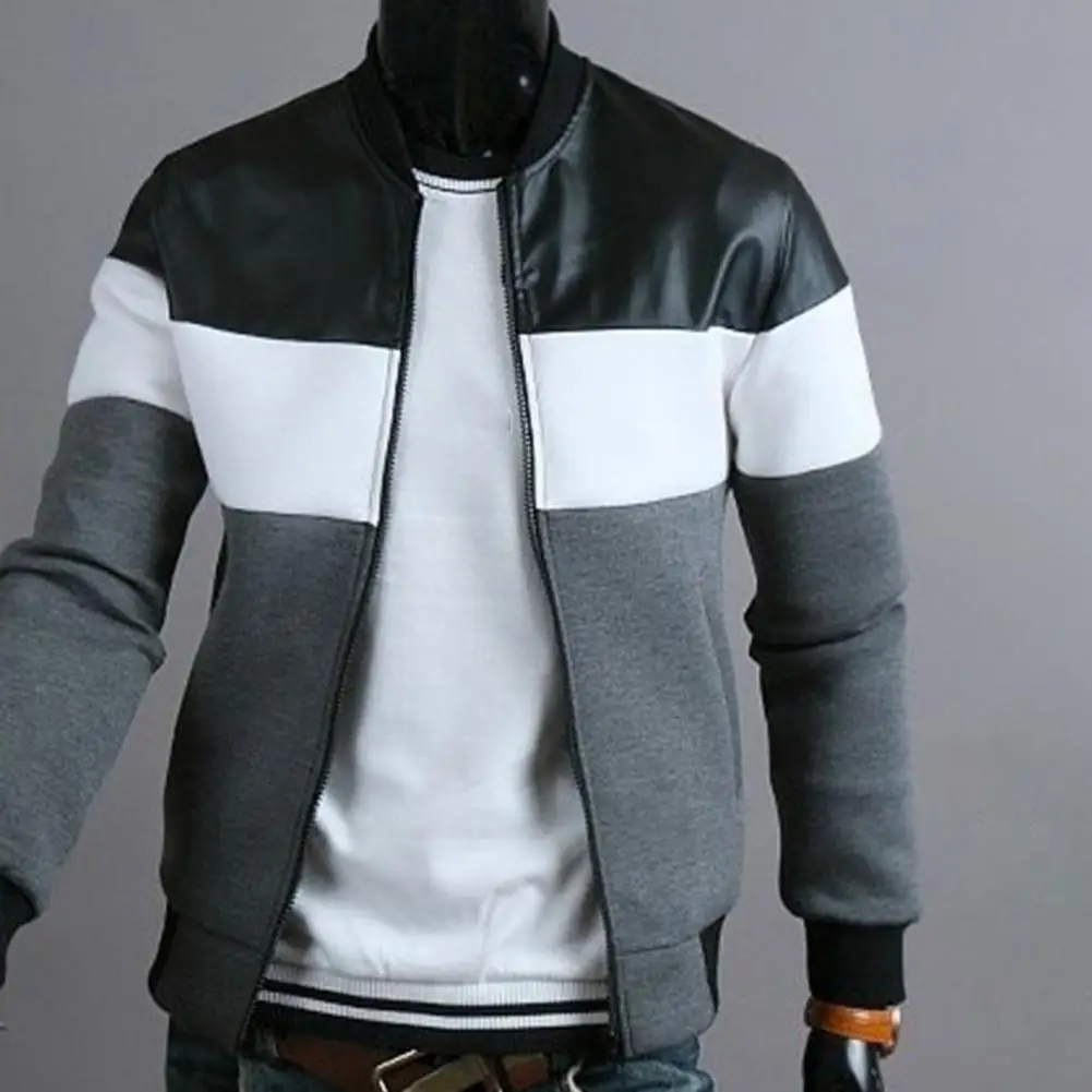 

Trendy Men Jacket Three-color Contrast Casual Stylish Ribbed Oblique Pockets Slim Coat Handsome Coat Leisure Wear