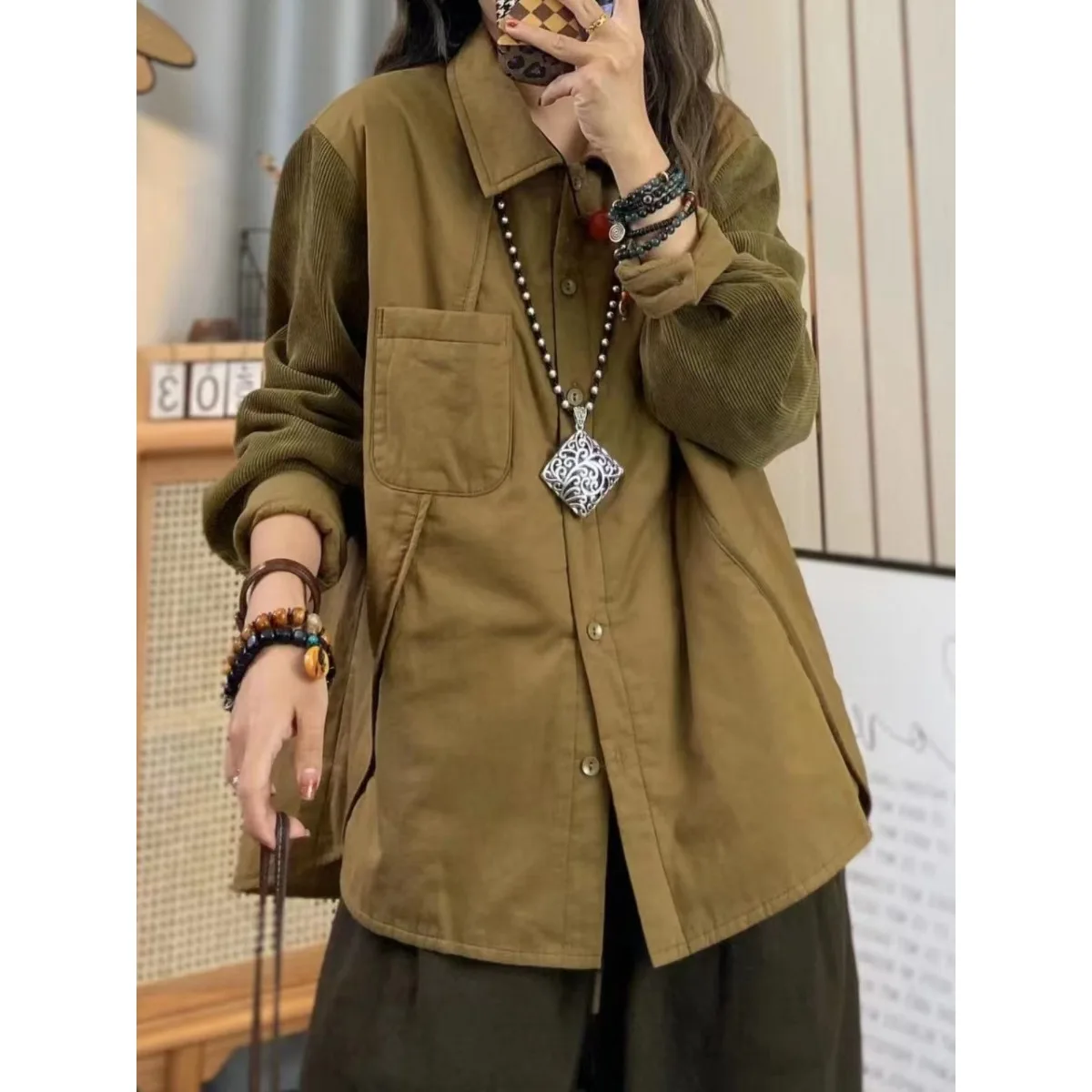 2024 Autumn and Winter Loose Plus size women clothing Slimming Chubby Girl Quilted Shirts Casual Retro Long sleeve Shirt Oute...