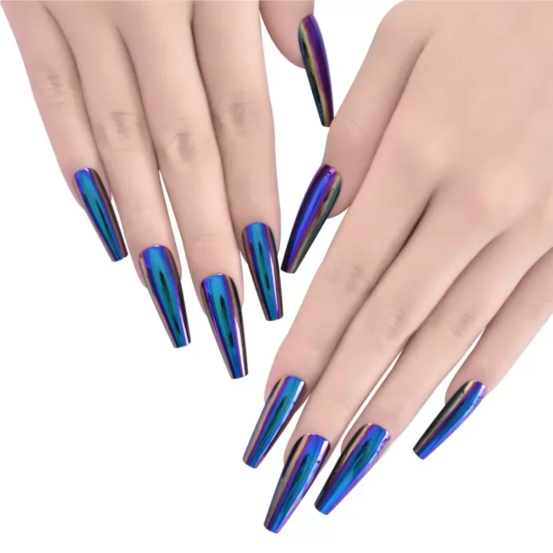 

2022New Diamond Blue Press On Fingernails Metallic Mirror Holo Fake Nails Extra Long Ladies Designed Tips for Finger