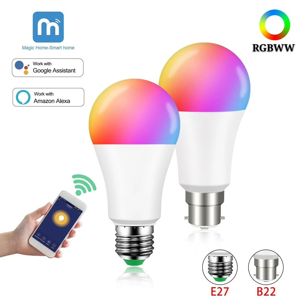 

15W WiFi Smart Light Bulb B22 E27 LED RGB Lamp For Alexa/Google Home 85-265V RGB+White Dimmable Timer Function color Bulb