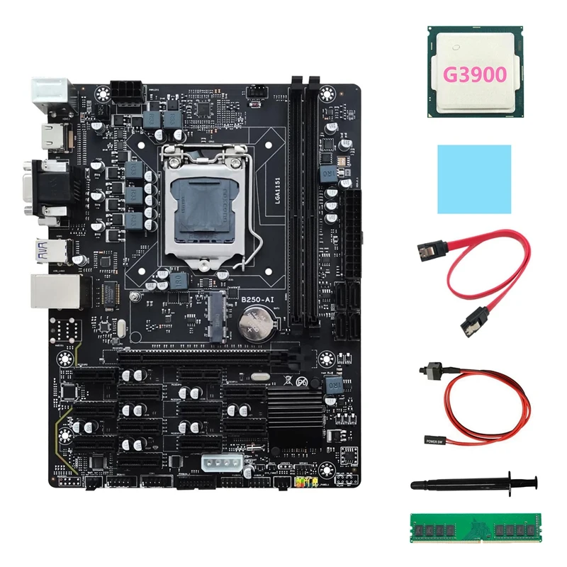 

AU42 -B250 V2.1 ETH Miner Motherboard 12PCIE+G3900 CPU+DDR4 4GB RAM+SATA Cable+Switch Cable+Thermal Grease+Thermal Pad