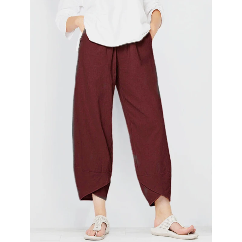 Women Cotton Linen Pants Loose Comfort Elastic Waist Harem Pants Vintage Solid Casual Pockets Wide Leg Trousers Cropped Pants