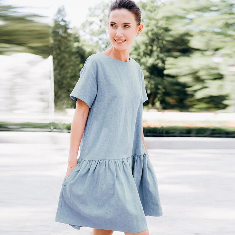 

Casual Cotton Linen Women Dress Elegant Solid Short Sleeve Sweet Ruffles Summer Dresses With Pockets Vestidos Female Clothing