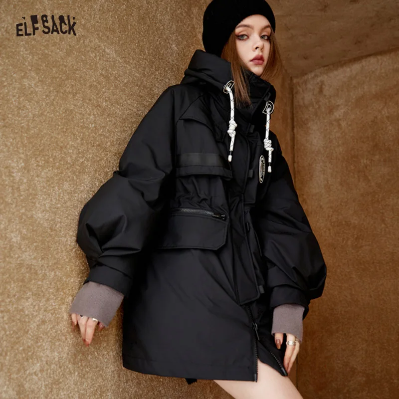 ELFSACK Black Stand Collar Warm Cargo Coats Women 2022 Winter Mid-length Casual Coats