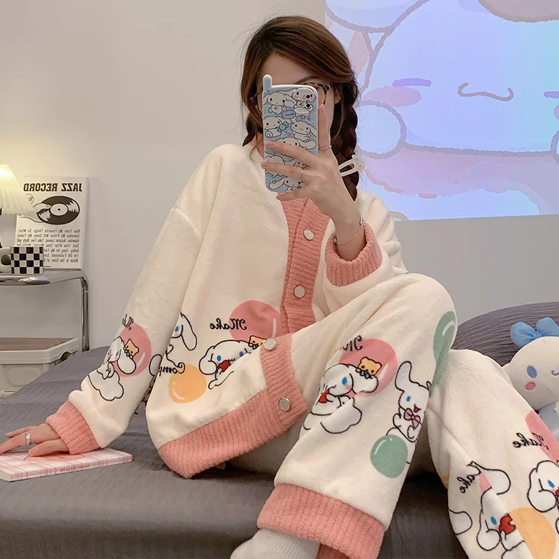Women Autumn Winter Cute Cartoon Home Warm Thicken Flannel Cardigan Pyjamas Suit Thick Coral Fleece Top Pants Soft Sleepwear Set
