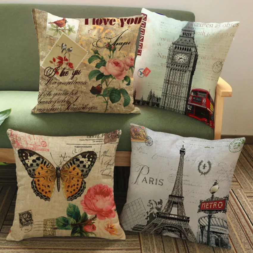 

Vintage Poster Card Big Ben Tower Eiffel Statue of Liberty Floral Butterfly Sofa Cushion Car Pillows Home Decor 45x45cm