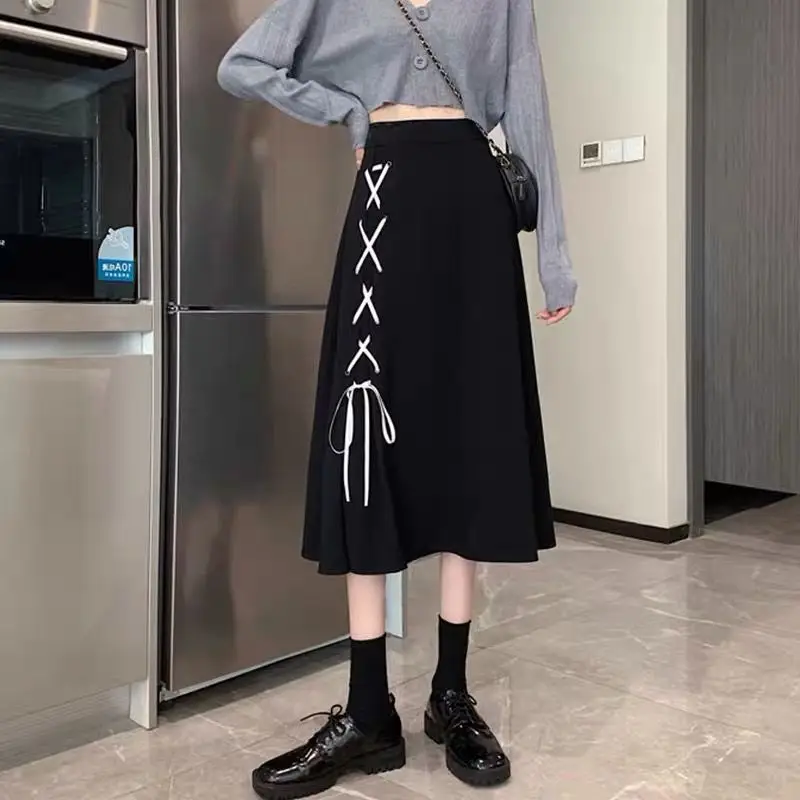 

Spring Summer New Lacing Plus Size A-line Half Skirt High Waist Solid Color All-match Loose Skirts Fashion Casual Women Clothing
