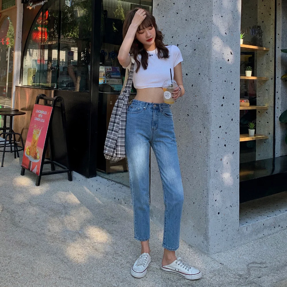 

HXJJP Spring Autumn 2022 Women's High-waist Jeans Korean Loose Ankle-Length Harlan Pants Female Casual Denim Pants