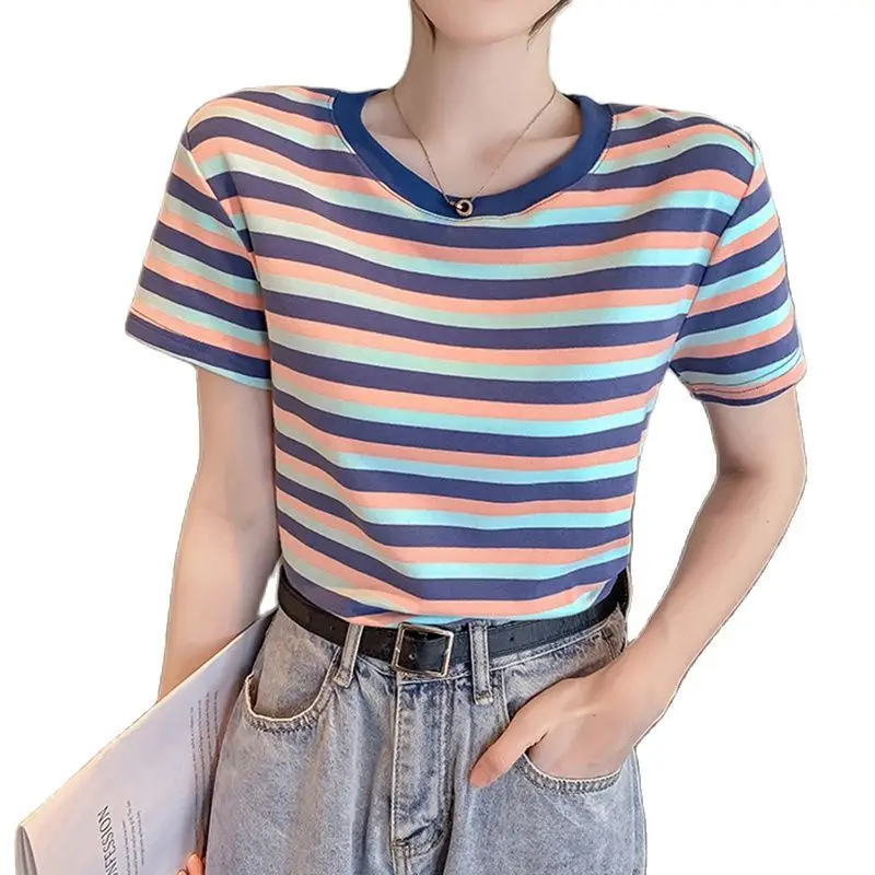 

Striped Cotton T Shirt Summer Clothes For Women Tops 2021 Woman Tshirts Korean Style Casual O-Neck Short Sleeve Tee Shirt Femme