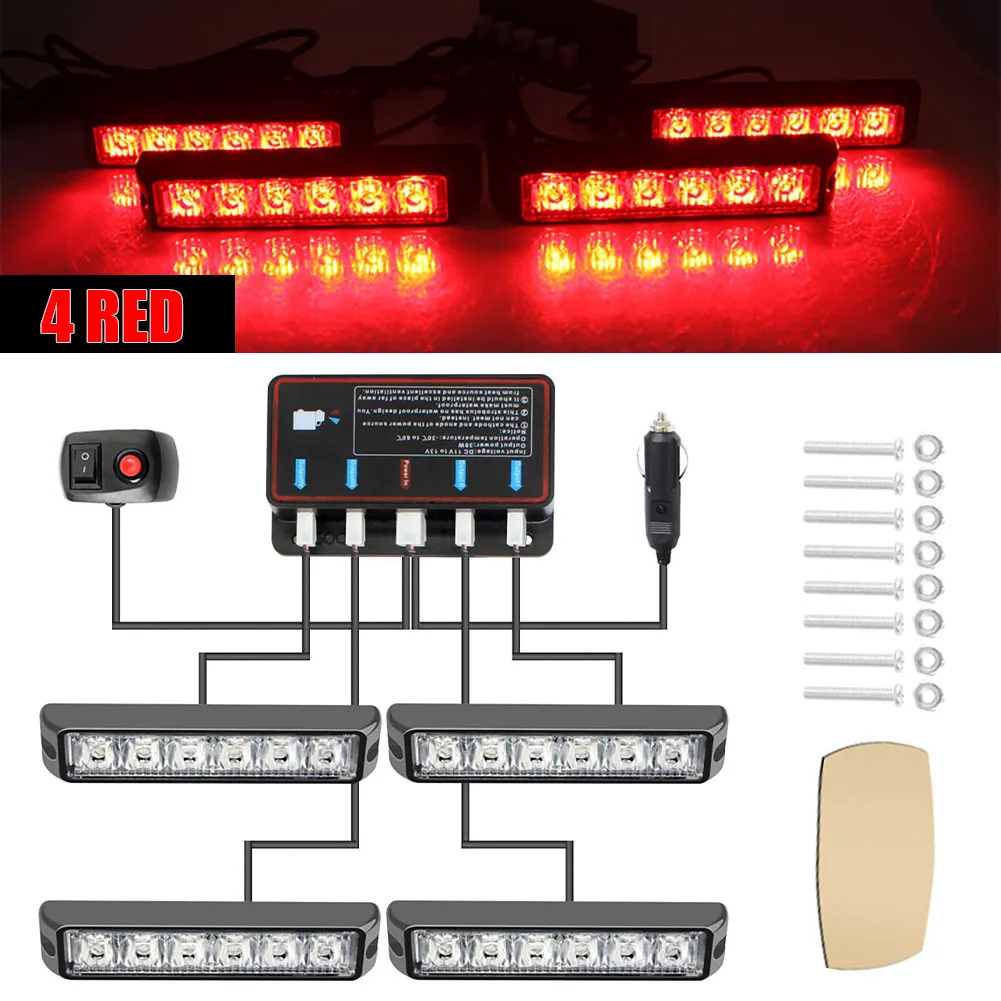 

4 In 1 Car Emergency Strobe Flashing Light 4*6 LED Car Trunk Warning Light Surface Grille Light Bar with On Off Mode Switch