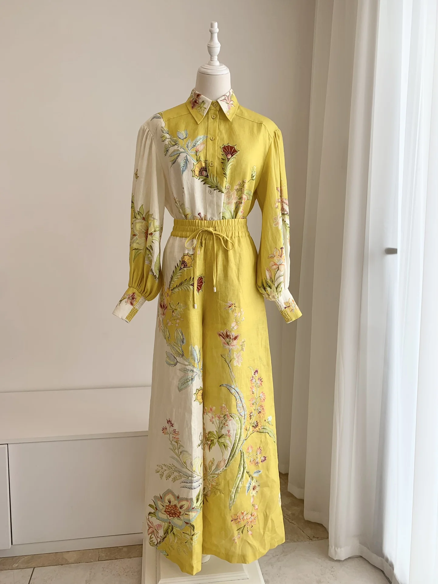 

Women Yellow Print Set Lantern Sleeve Single Breasted Shirt or Straight Wide Leg Long Pants