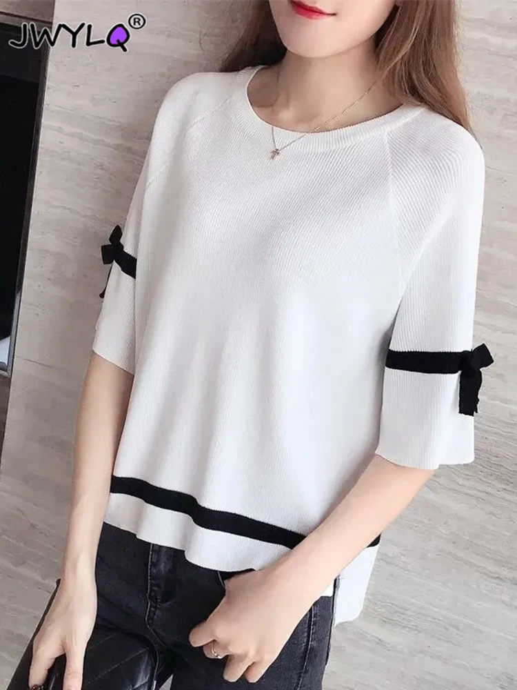 

Summer Half Sleeve O-neck Knitted T-shirt New Solid Color Loose Bow Thin Pullover Top Simple All-match Streetwear Women Clothing
