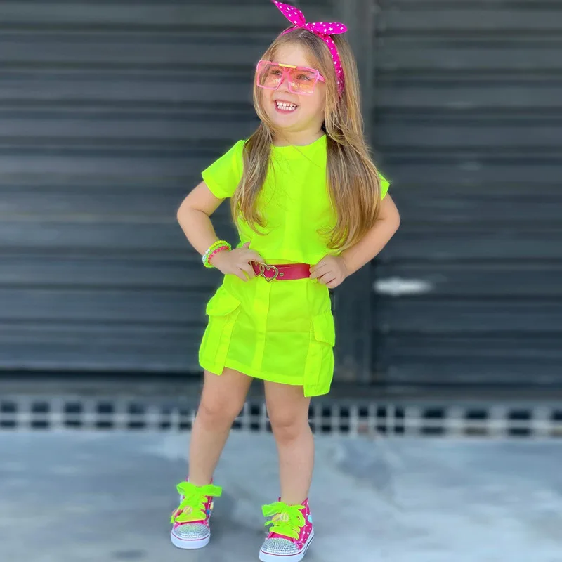 

2023 Summer Girls Dress Fashion Casual Short-Sleeved Solid Color Suit Skirt A-Line Skirt Children's clothes set