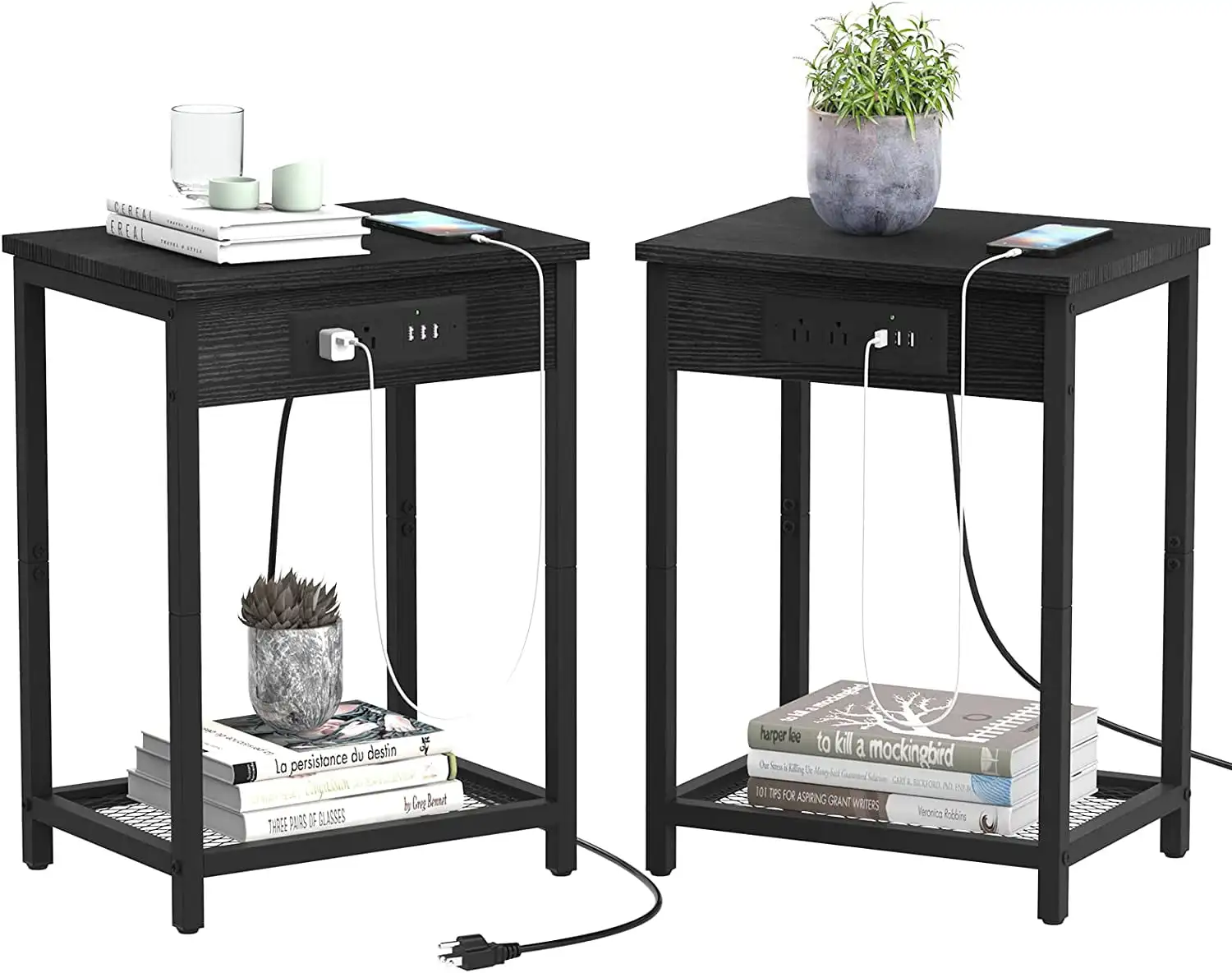 

Nightstand End Table with Charging Station Black, Set of 2