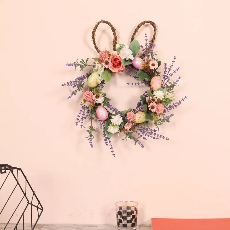 

Easter Artificial Bunny Door Hanging Garland Decorations Festival Party Lavender Simulation Wreath Scene Layout Supplies