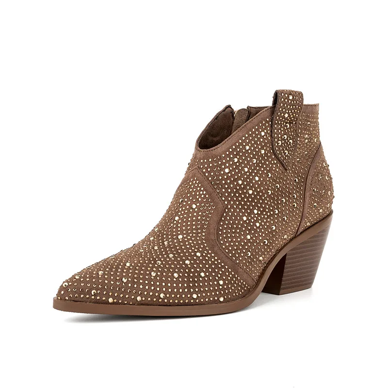 

Women's Sexy Ankle Boots Crude Heels Outdoor Rhinestone Thick Bottom Paert Shoes Ladies Warmest Winter Botas Punk Femme Pumps