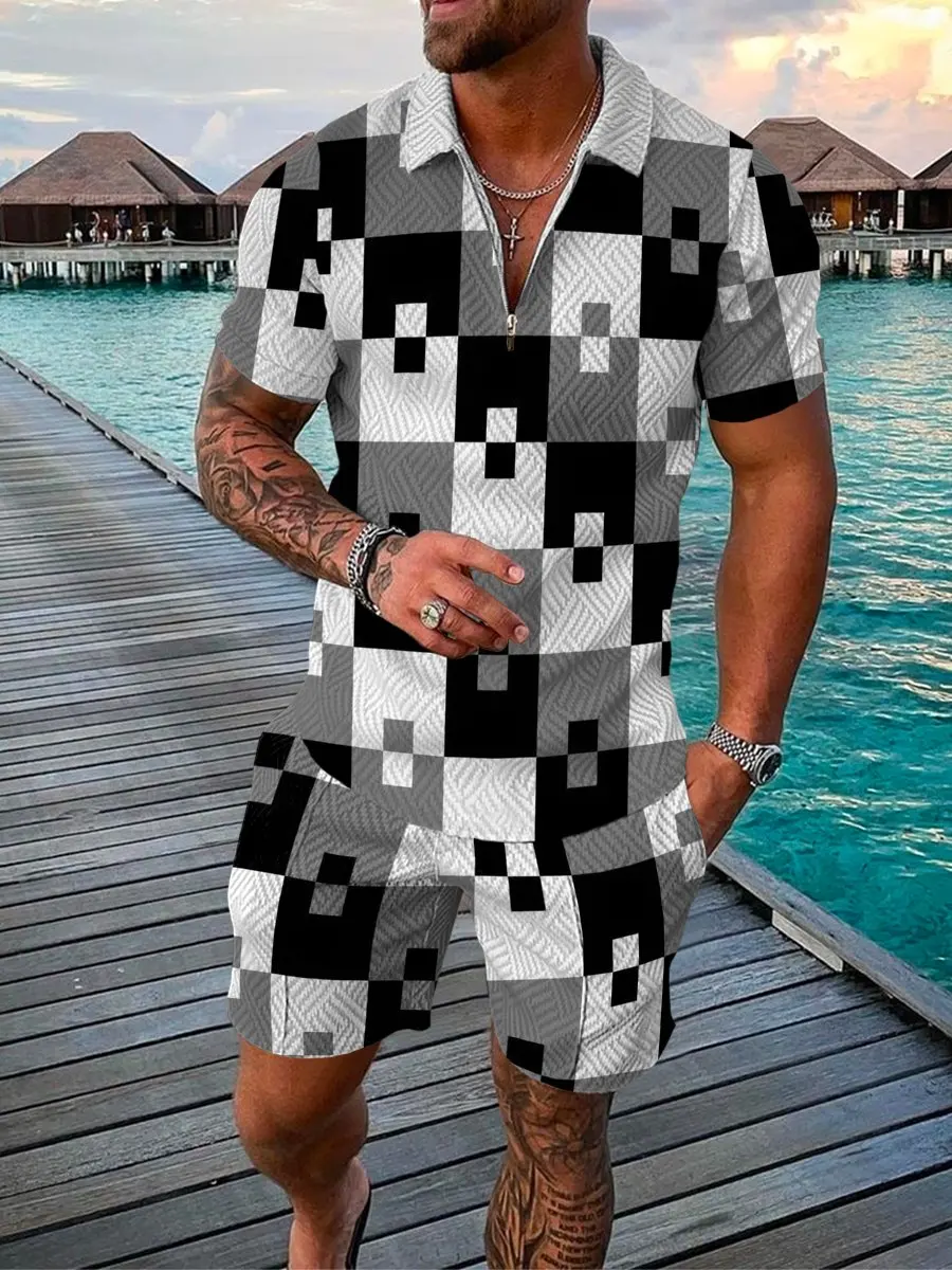 

Men's Activewear Casual Summer Short Sleeve Polo Shirt and Shorts Set Two Piece Check Pattern Mens Streetwear Menswear