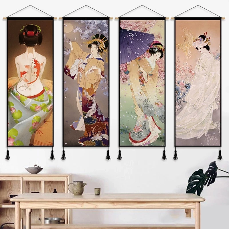 

Japanese Ukiyoe Maid Canvas Scroll Wall Painting Anime Poster Art Vintage Room Decor Aesthetic Hanging Decoracion Para Sala