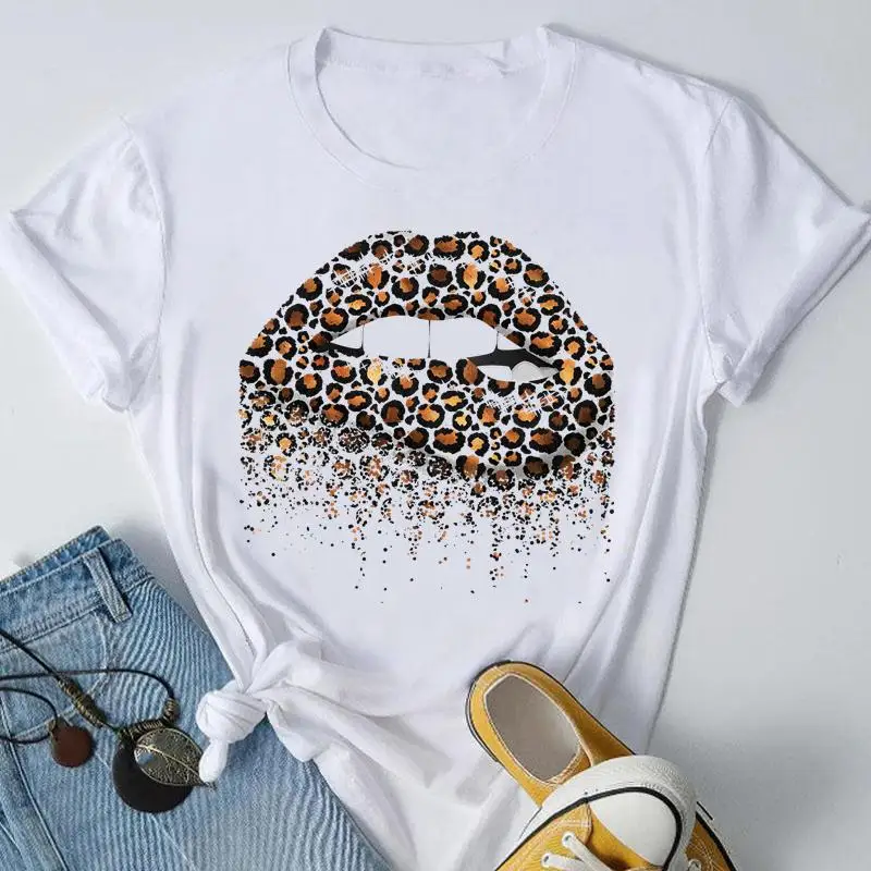 

Leopard Lip Cute Style Tee Women Casual Top Clothes Lady Short Sleeve Fashion Summer Tshirt Spring Female Graphic T-Shirt
