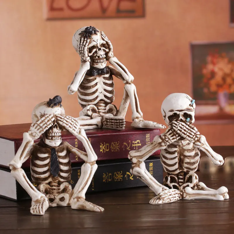 

2021 Halloween New Product Don't Listen Speak See Ghost Skeleton Three-piece Resin Props Haunted House Secret Room Decoration