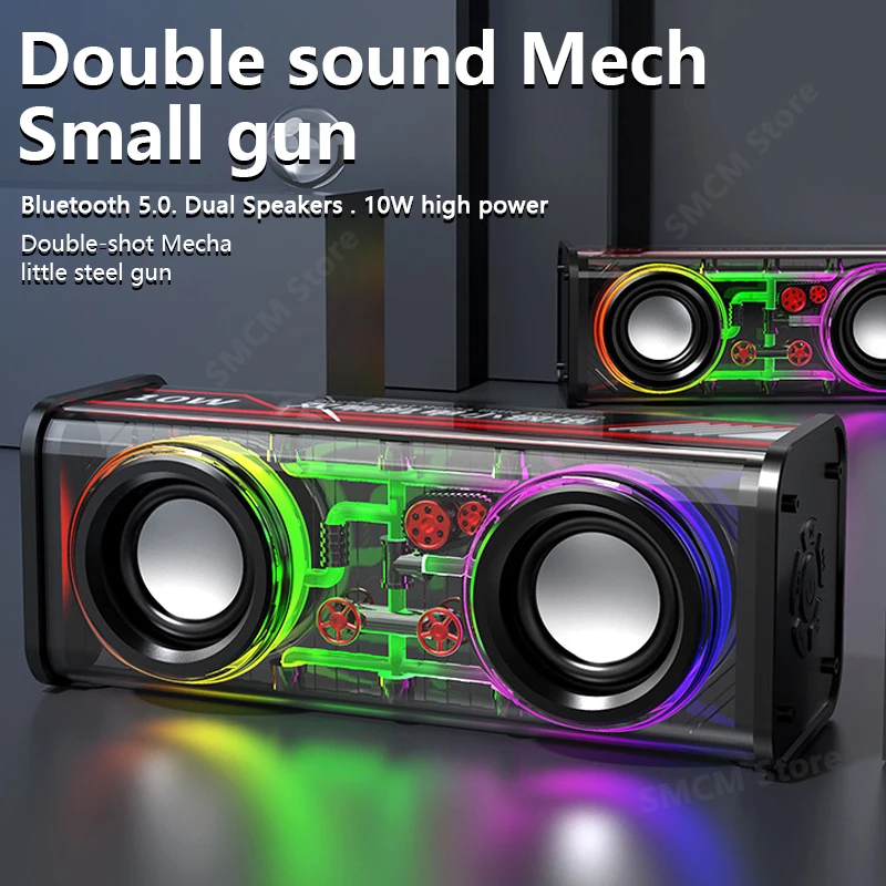

Dual-horn Mini Portable Wireless Bluetooth Speakers Outdoor Subwoofer TWS Transparent Mecha Small Steel Cannon RGB Color Lights
