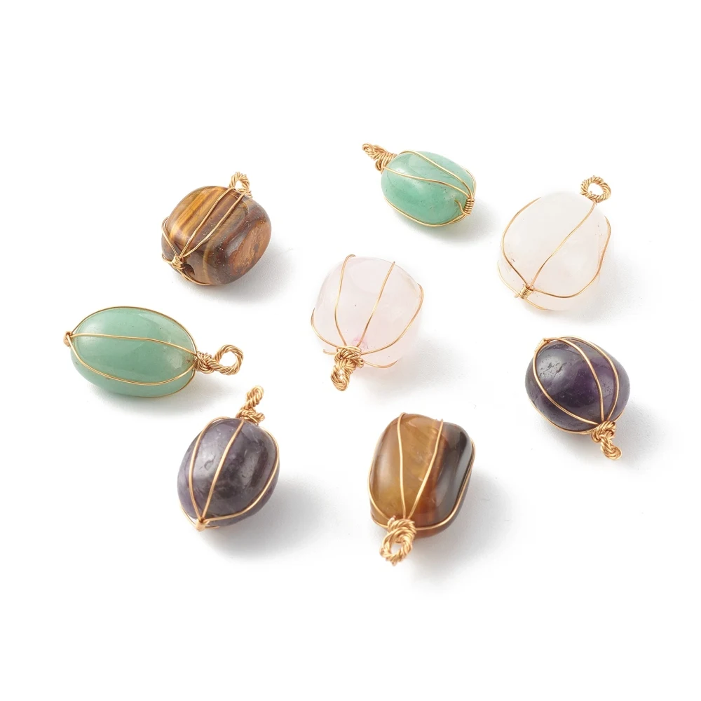 

50pcs/Lot Natural Mixed Gemstone Pendants with Real 18K Gold Plated Eco-Friendly Copper Wire Nuggets