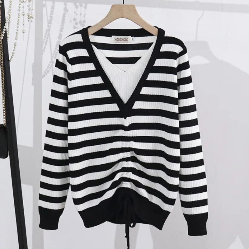 

2022 Autumn Basic Sweater Plus Size Women Clothing Design Hem Drawstring Stripe Jumpers Winter Fashion V-Neck Slim Pullovers