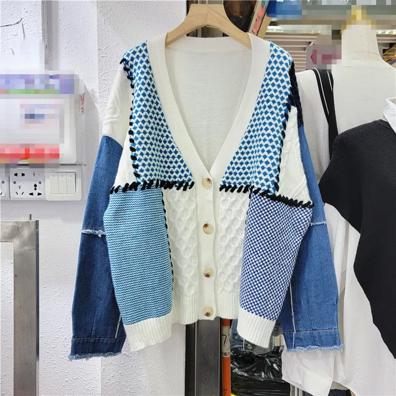 

Spring Autumn New Vintage Frayed Burrs Cowboy Long Sleeve Patchwork V-neck Knitted Cardigan Jacket Casual Loose Female Outerwear
