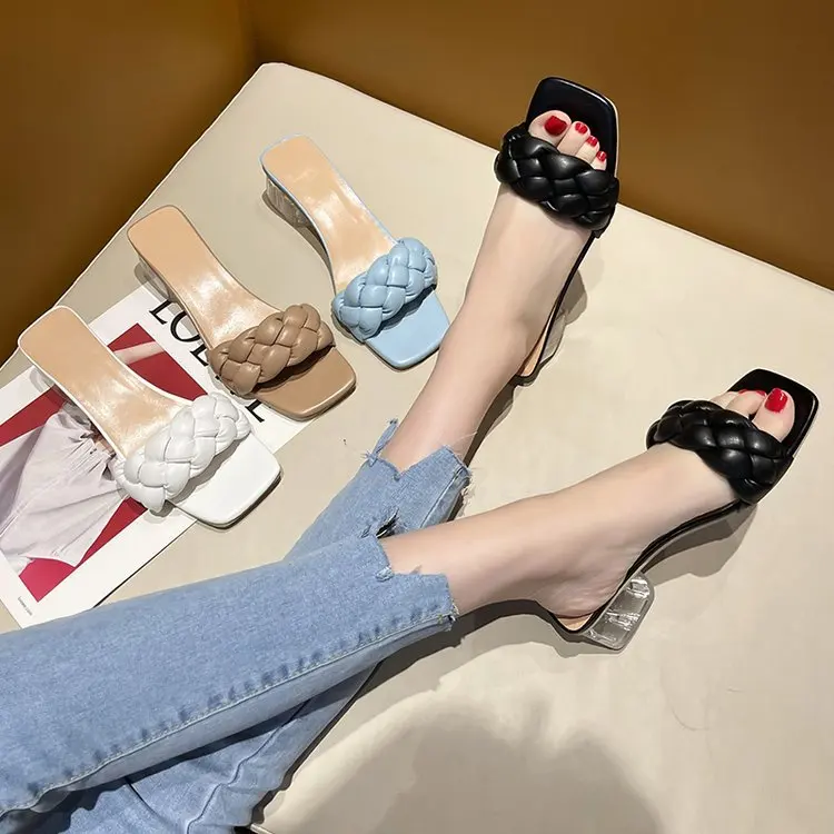 

Square heel Glitter Slides Low Shoes Slippers Heels Slipers Women Big Size Block Jelly High 2022 Summer Soft Rome Basic Pumps Fl