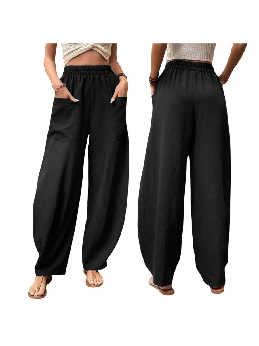 Women s Solid Color Casual Pants with Elastic Waist and Pockets - Loose Fit Trousers for Daily Wear Work and Streetwear
