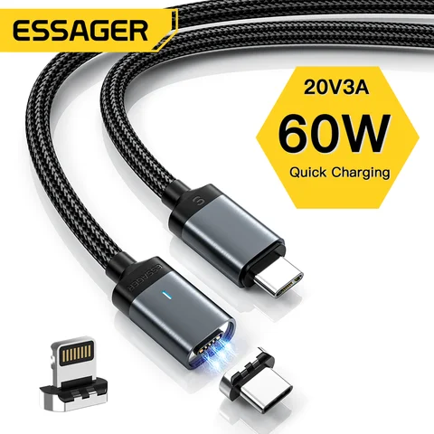 Магнитный зарядный кабель Essager 60 Вт, кабель USB C к типу C, 3A PD, быстрая зарядка для IPhone 14 13 Samsung, провод зарядного устройства для ноутбука