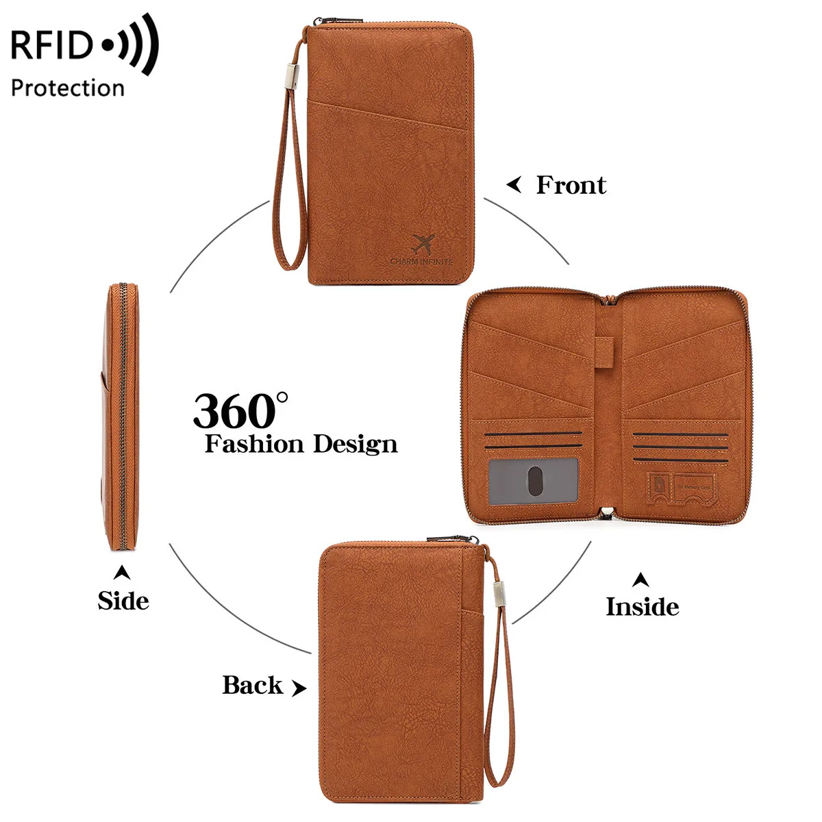 Фото Многофункциональный RFID-кошелек для паспорта с защитой от считывания, на молнии, с ремешком на запястье, органайзер для нескольких паспортов, карт и билетов №3