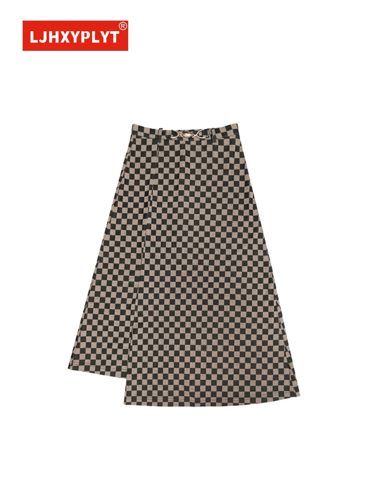 

Checkerboard Knitted Split Skirt Women's Spring Summer New Retro High Waist Irregular Mid-length A-line Skirt Female Large Size