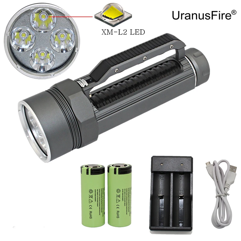 Diving Flashlight Waterproof Torch Light 4*XM-L2 LED Underwater Flashlight Scuba Lanterna + 26650 Battery + USB Charger