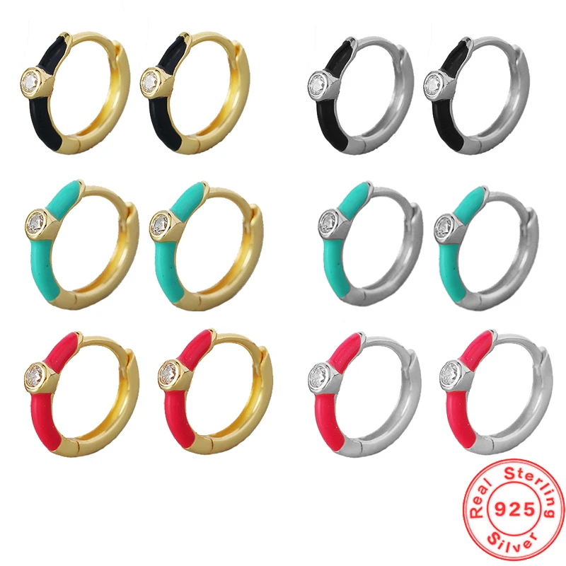 

Trendy 925 Sterling Silver Geometric Simple Colorful Epoxy White Zircon All-match Small Hoop Earrings Exquisite Women's Jewelry