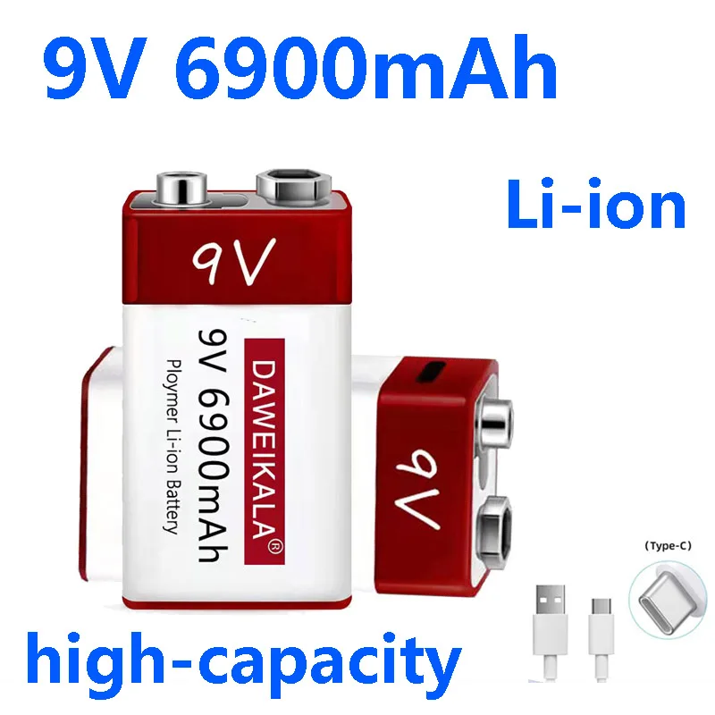 

New 9V 6900mAh Lithium Ion Rechargeable Battery Type-C USB Battery 9V Multimeter Lithium Microphone Metal Detector + Cable