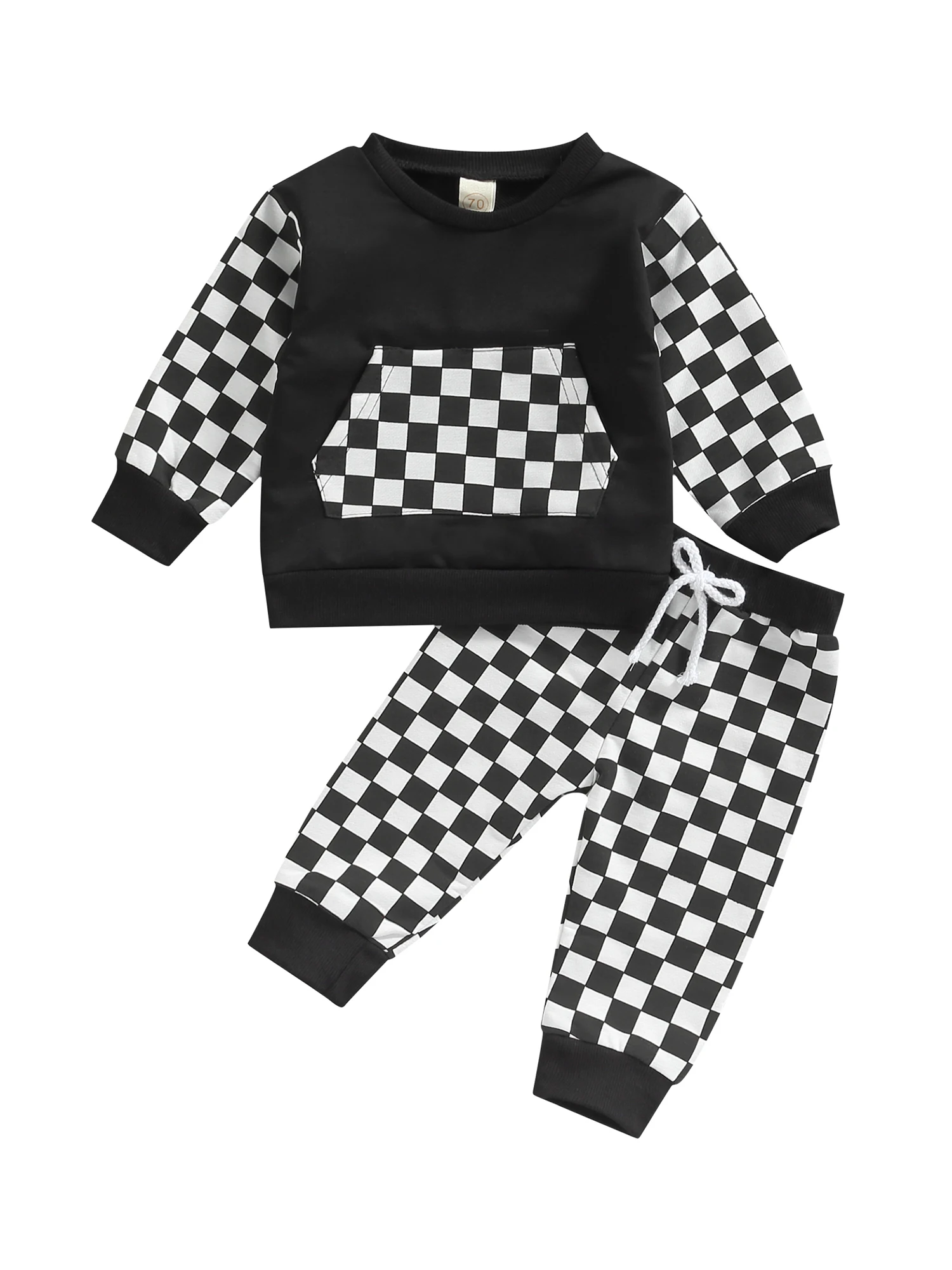 

Toddler Baby Boy Girl Checkerboard Outfits Long Sleeve Crewneck Sweatshirt Tops Drawstring Elastic Pants Clothes Set