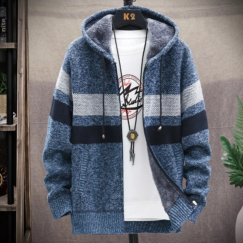 

Striped Mens Sweater Coat Thick Fleece Warm Zipper Wool Hooded Cardigan Jumpers Jackets Top Men's Clothing