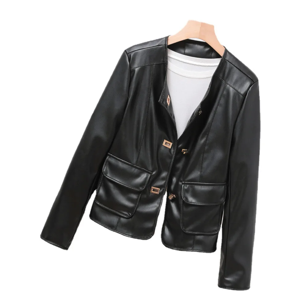2023 Soft leather crew neck coat single breasted short style temperament women's leather jacket
