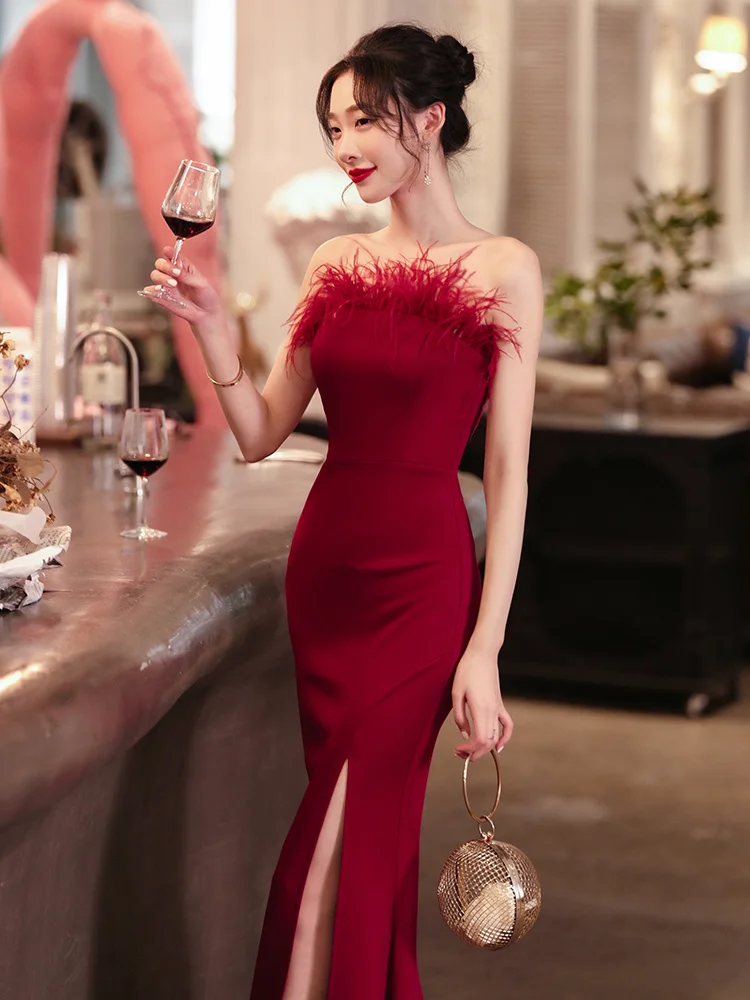 

Red bra evening dress for women 2023 New high end, light luxury, small crowd, fishtail skirt, temperament, celebrity annual