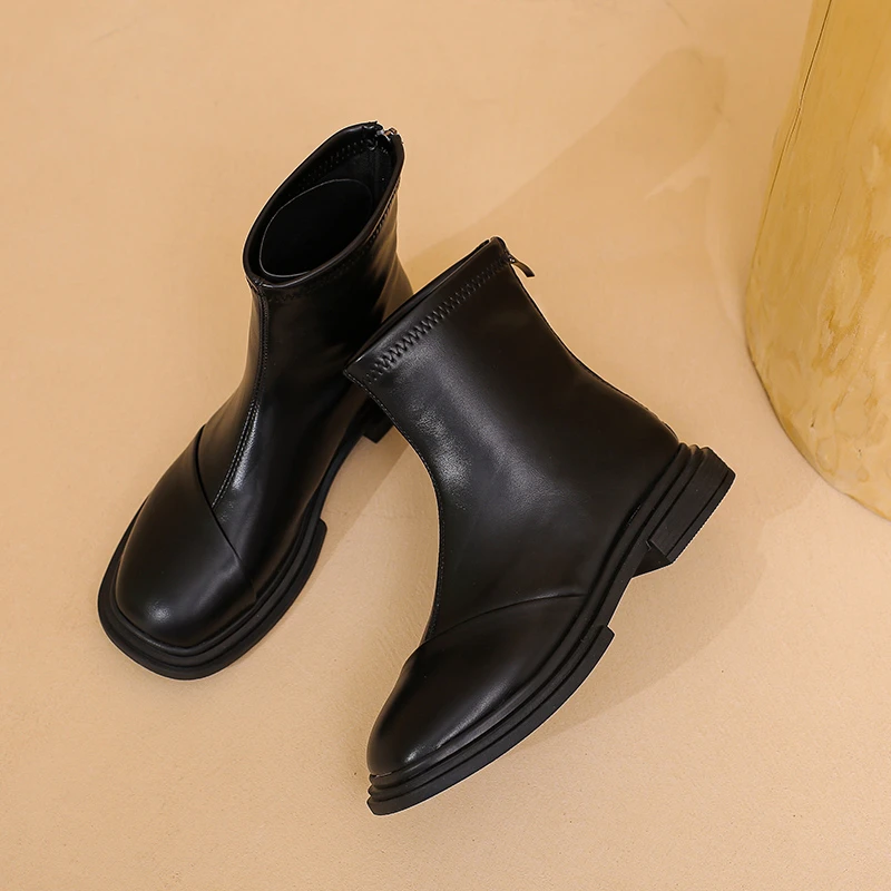 

Женские ботинки с квадратным носком, новинка осень-зима 2022, черные модные ботинки на толстом каблуке, короткие женские ботинки на молнии сза...