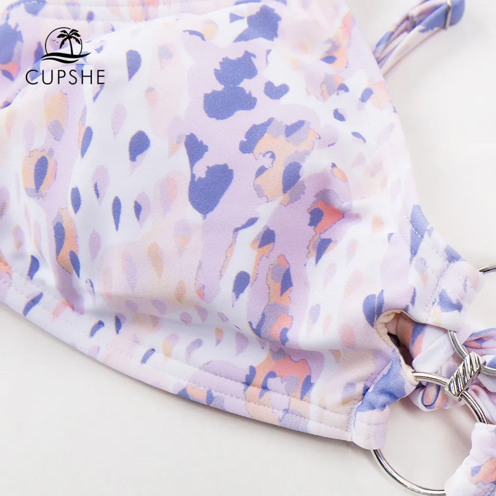 Купальник CUPSHE Purple Leopard Low Waist Bikini Set для женщин, сексуальный крой с завязкой на спине, две части пляжной одежды 2023 года, купальный костюм, плавательная одежда.