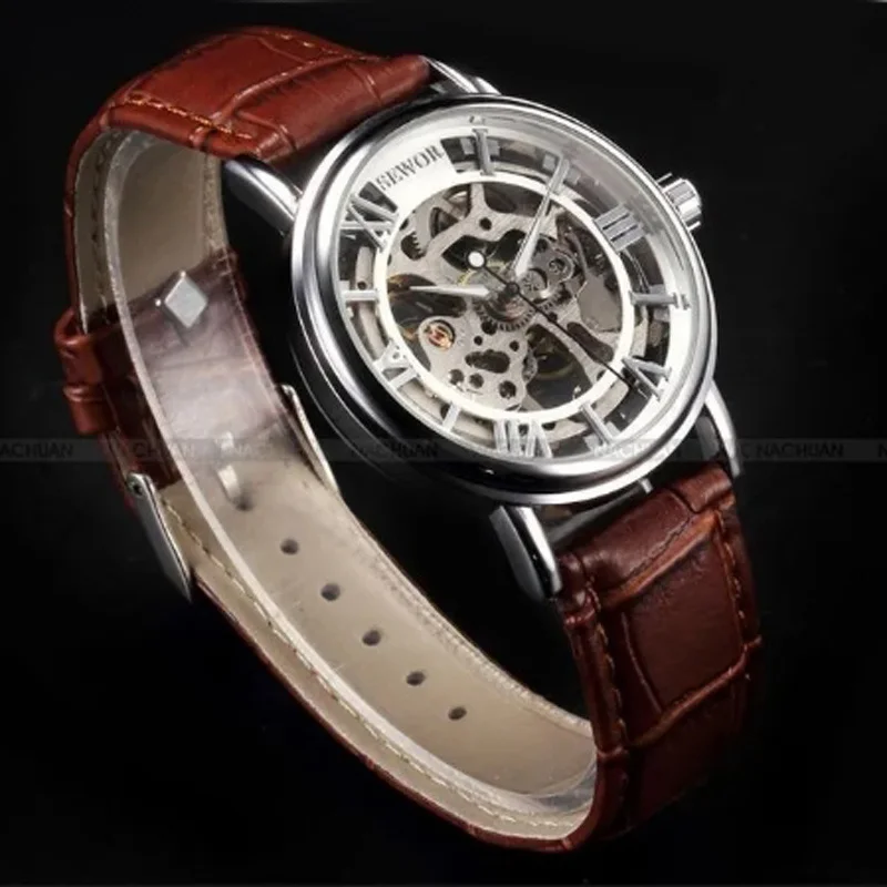 Фото Мужские механические часы SEWOR Fashion Casual, скелетонизированные, с ремешком из искусственной кожи, с ручным заводом, наручные часы для мужчин (Erkek Kol Saati) №1