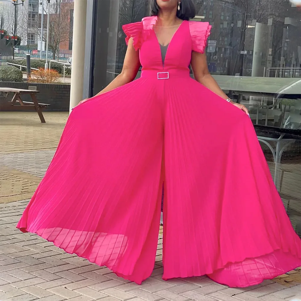 Plus Size Chic And Elegant Women Jumpsuits Ruffle Belt Outfit Lady Outwear Designer Pant 2023 Spring Female Fashion Jumpsuits