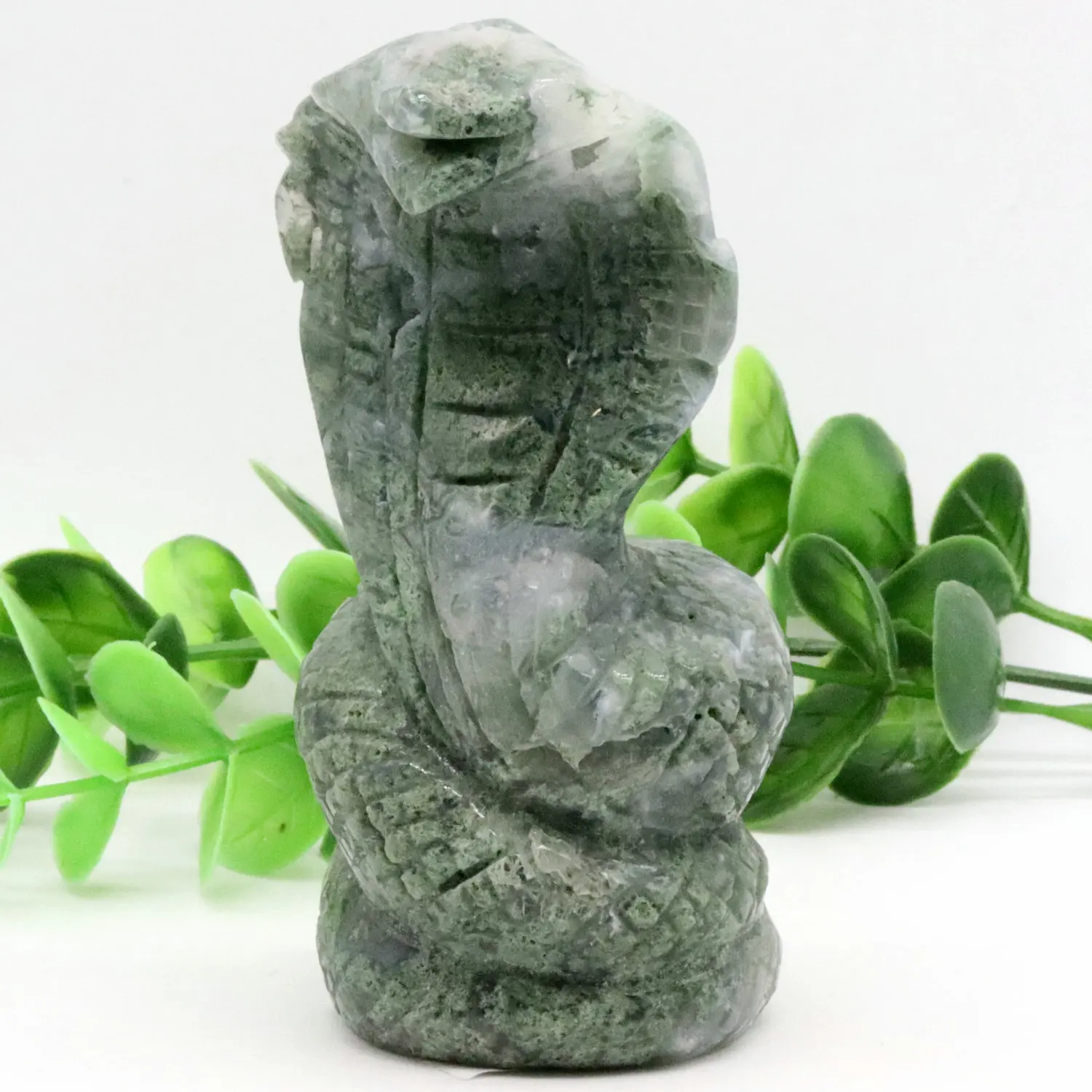 

3.8inch 213g Natural Moss Agate Healing Crystal Reiki Chakra Spiritual Hand Carved Stone Snake Figurine Crafts Home Lucky Decor