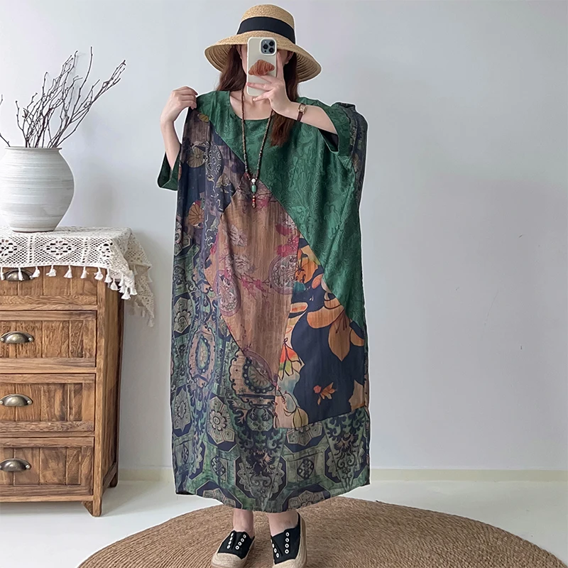 

Женское льняное шелковое платье с принтом, винтажное свободное платье-пуловер большого размера с рукавами «летучая мышь», длинное платье, весна-лето 2023