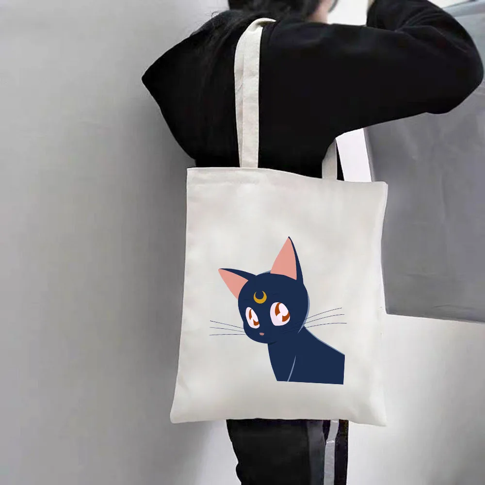 Anime Girl Cartoon Cat Sailor Moon Women Canvas Shoulder Bags Harajuku Handbags Totes Eco Shopper Reusable Cotton Shopping Bags images - 6