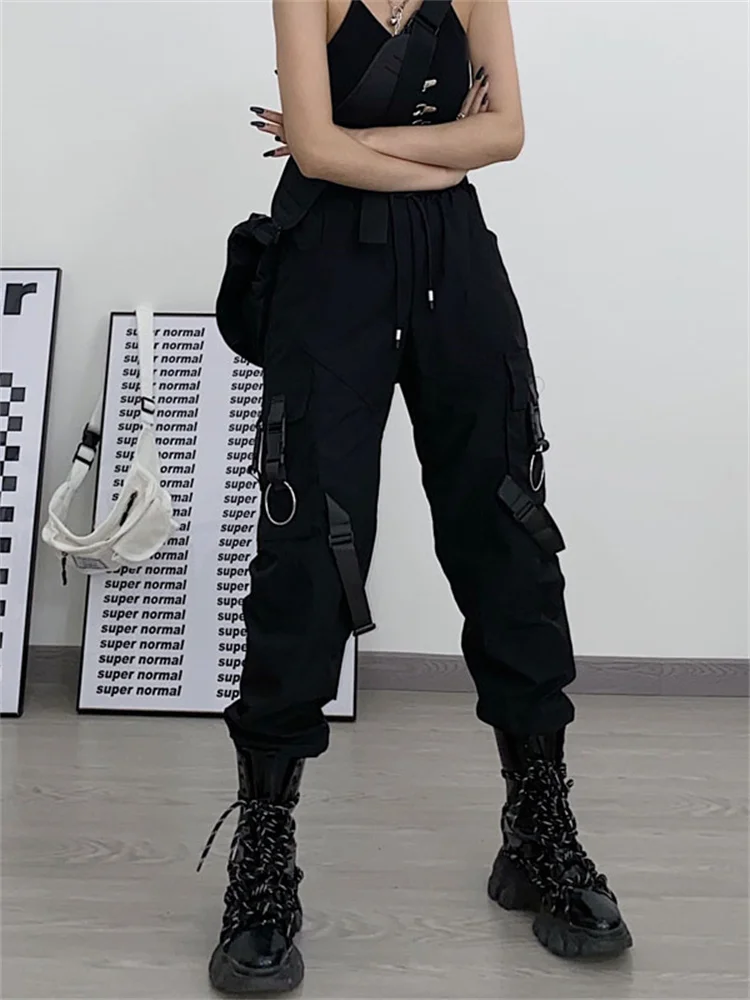 

Deeptown Techwear Gothic Black Cargo Pants Women Punk Streetwear Hip Hop Jogger Harajuku High Waist Ribbon Loose Female Trousers